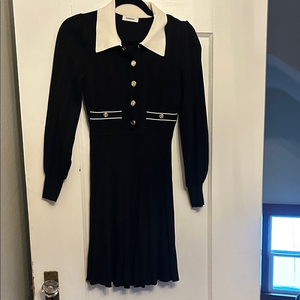 Sandro Black Dress with White Collar and Button Accents